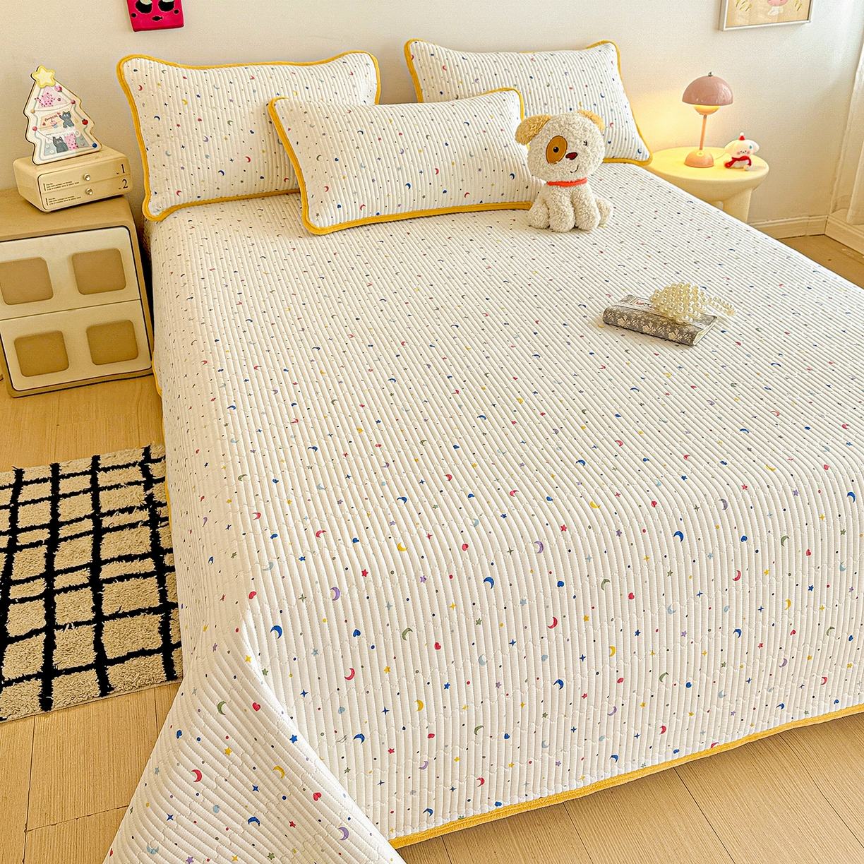 91家纺网 家纺一手货源 找家纺 恒尚居 2026新款A双层纱B牛奶绒床盖双面两用夹棉床单学生床垫床褥子系列二 星月【A双层纱-B牛奶绒】