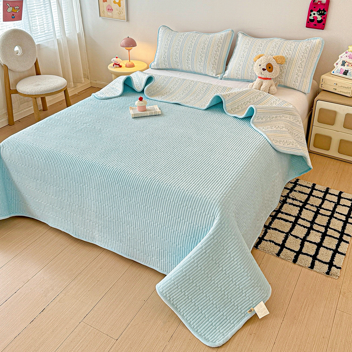 91家纺网 家纺一手货源 找家纺 恒尚居 2026新款A双层纱B牛奶绒床盖双面两用夹棉床单学生床垫床褥子系列二 阳光庄园【A双层纱-B牛奶绒】