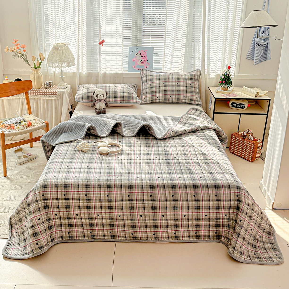 恒尚居 2026新款A双层纱B牛奶绒床盖双面两用夹棉床单学生床垫床褥子系列二 英伦格【A双层纱-B牛奶绒】