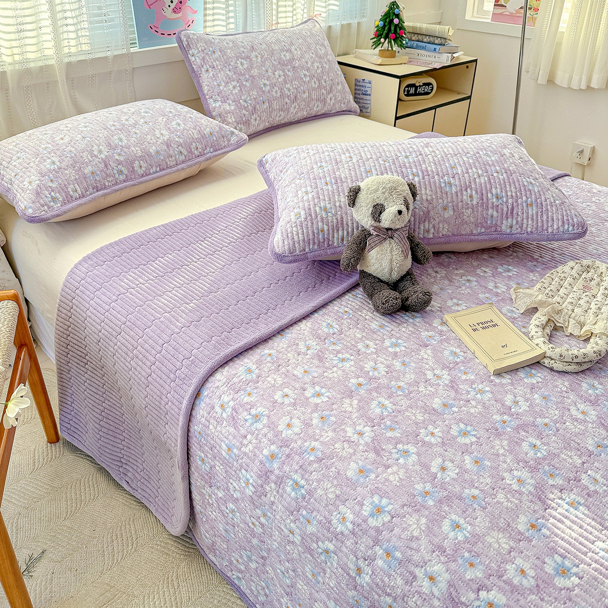 91家纺网 家纺一手货源 找家纺 恒尚居 2026新款A双层纱B牛奶绒床盖双面两用夹棉床单学生床垫床褥子系列二 紫罗花【A双层纱-B牛奶绒】