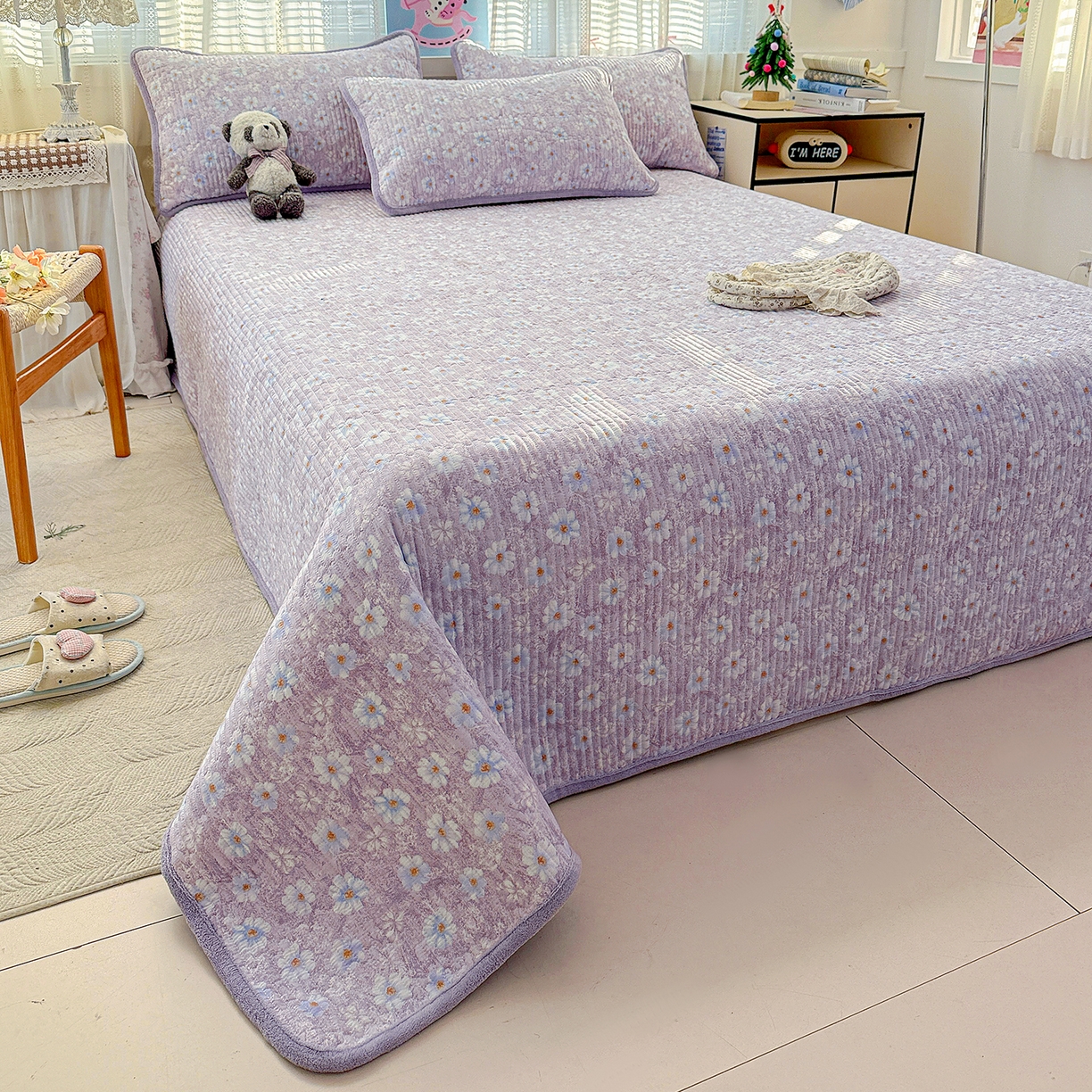 91家纺网 家纺一手货源 找家纺 恒尚居 2026新款A双层纱B牛奶绒床盖双面两用夹棉床单学生床垫床褥子系列二 紫罗花【A双层纱-B牛奶绒】