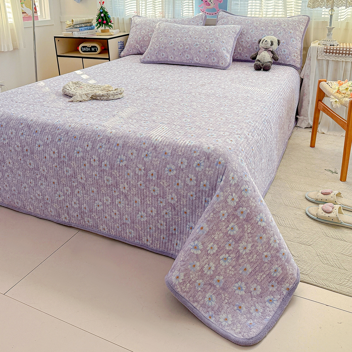 91家纺网 家纺一手货源 找家纺 恒尚居 2026新款A双层纱B牛奶绒床盖双面两用夹棉床单学生床垫床褥子系列二 紫罗花【A双层纱-B牛奶绒】