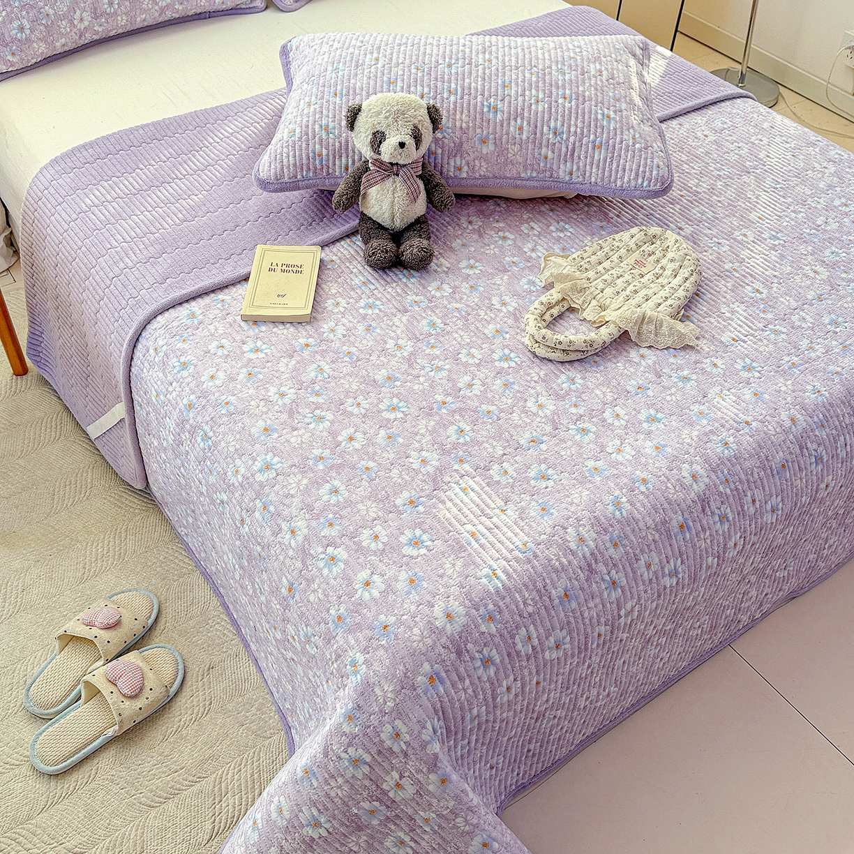 91家纺网 家纺一手货源 找家纺 恒尚居 2026新款A双层纱B牛奶绒床盖双面两用夹棉床单学生床垫床褥子系列二 紫罗花【A双层纱-B牛奶绒】