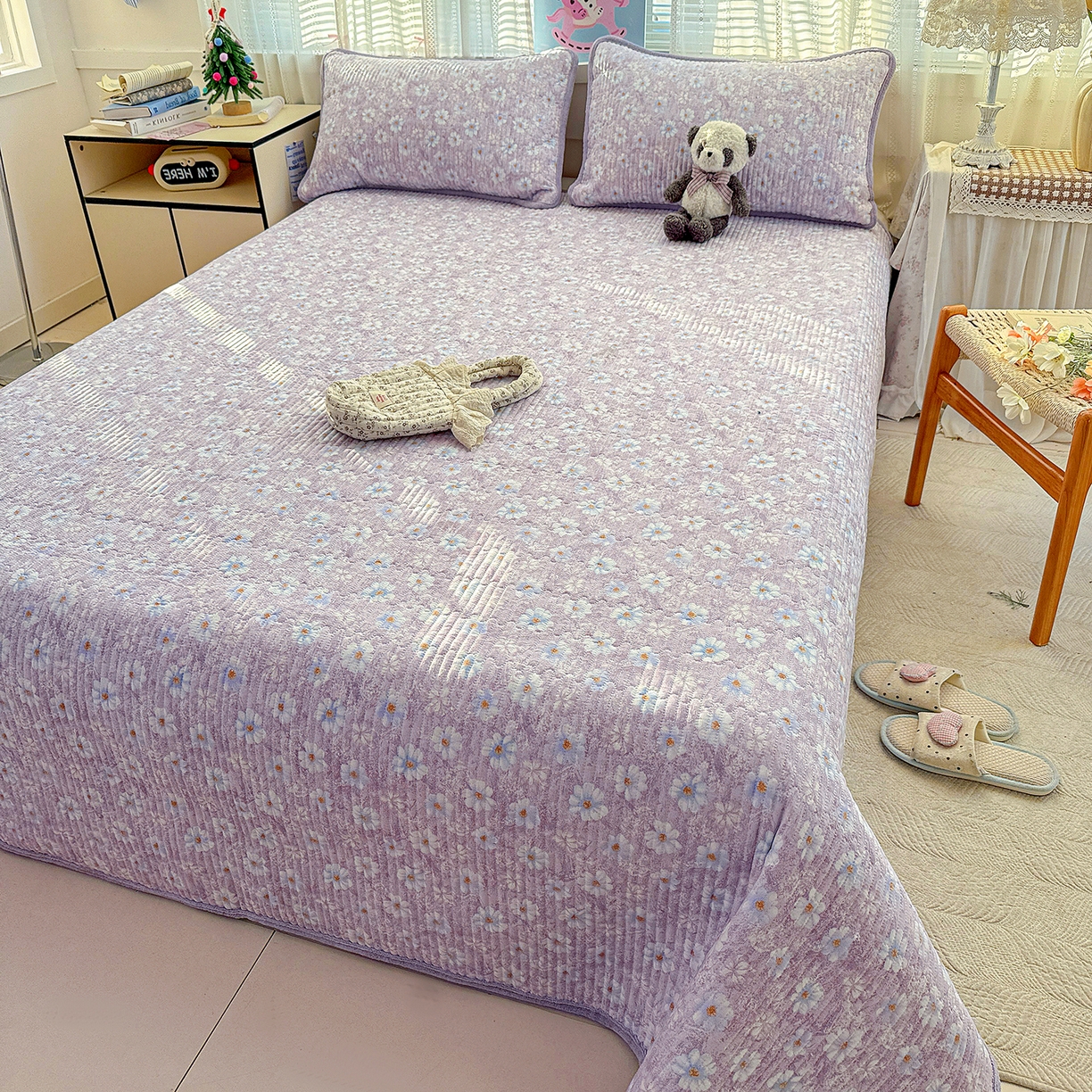 91家纺网 家纺一手货源 找家纺 恒尚居 2026新款A双层纱B牛奶绒床盖双面两用夹棉床单学生床垫床褥子系列二 紫罗花【A双层纱-B牛奶绒】