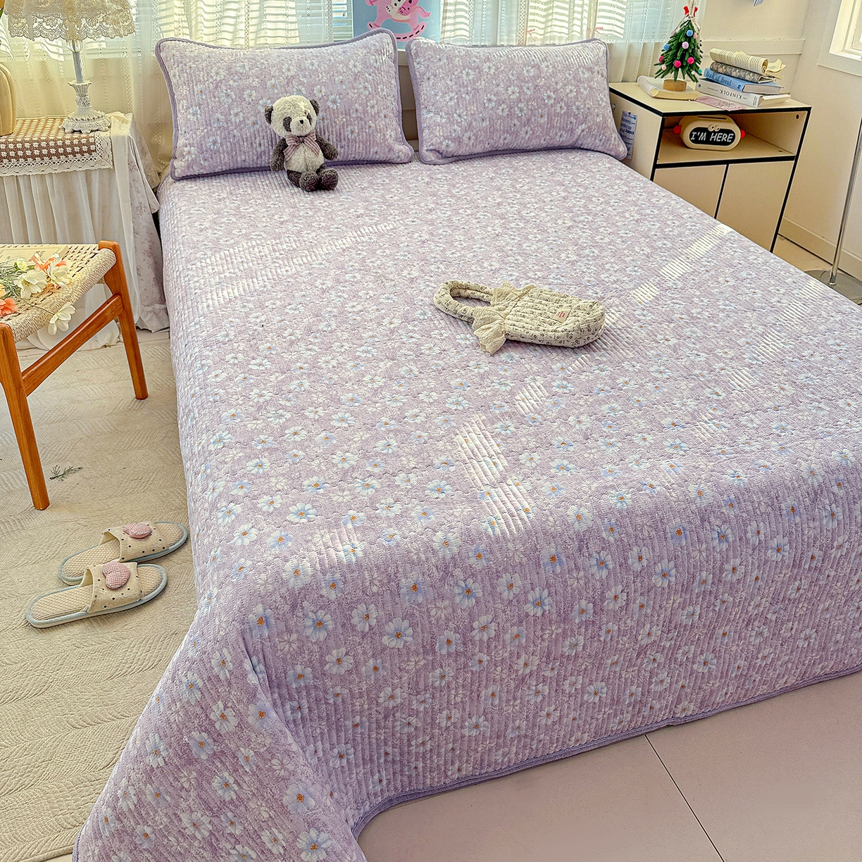 91家纺网 家纺一手货源 找家纺 恒尚居 2026新款A双层纱B牛奶绒床盖双面两用夹棉床单学生床垫床褥子系列二 紫罗花【A双层纱-B牛奶绒】