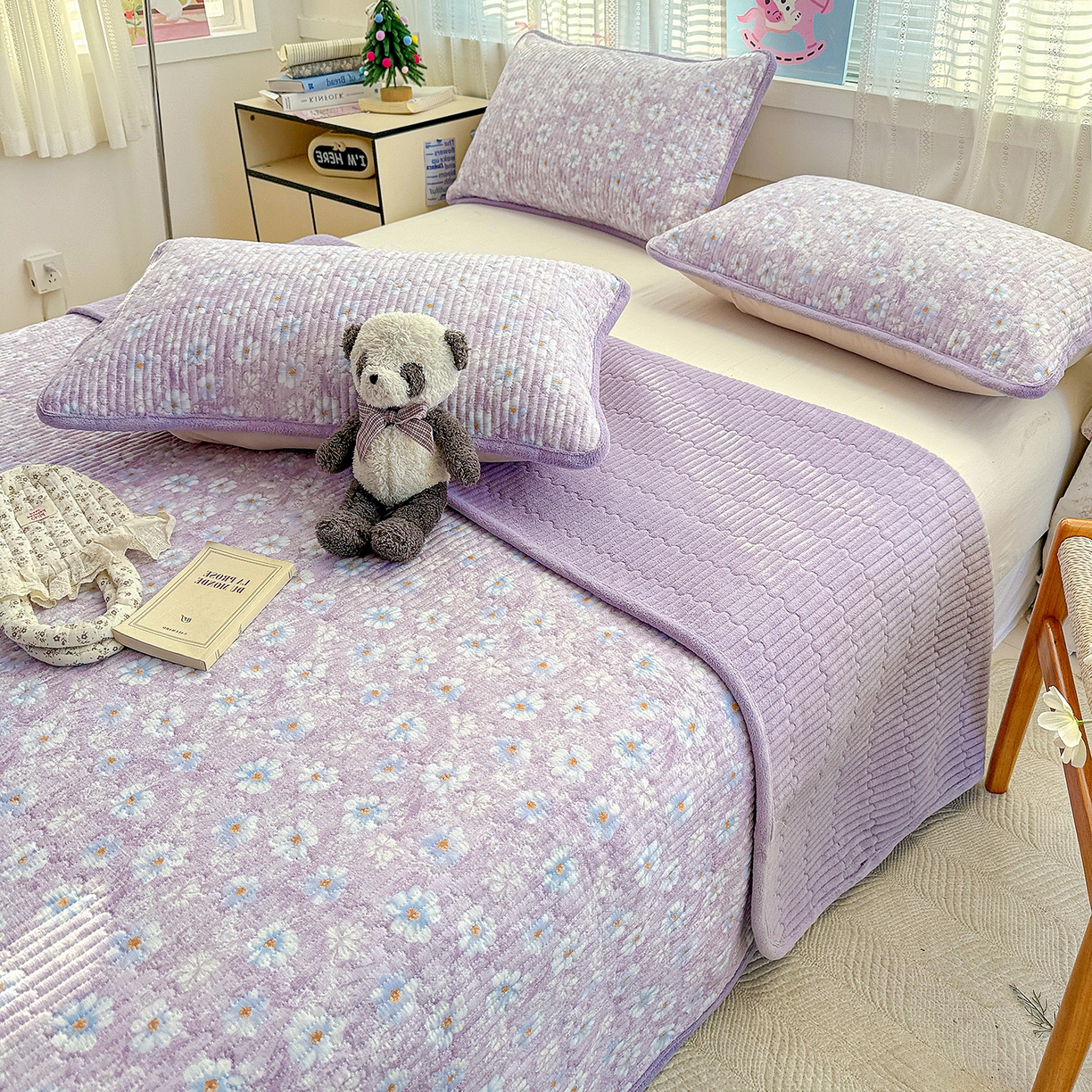 91家纺网 家纺一手货源 找家纺 恒尚居 2026新款A双层纱B牛奶绒床盖双面两用夹棉床单学生床垫床褥子系列二 紫罗花【A双层纱-B牛奶绒】