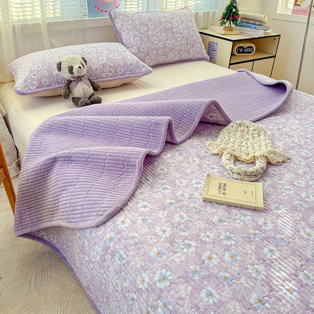 91家纺网 家纺一手货源 找家纺 恒尚居 2026新款A双层纱B牛奶绒床盖双面两用夹棉床单学生床垫床褥子系列二 紫罗花【A双层纱-B牛奶绒】