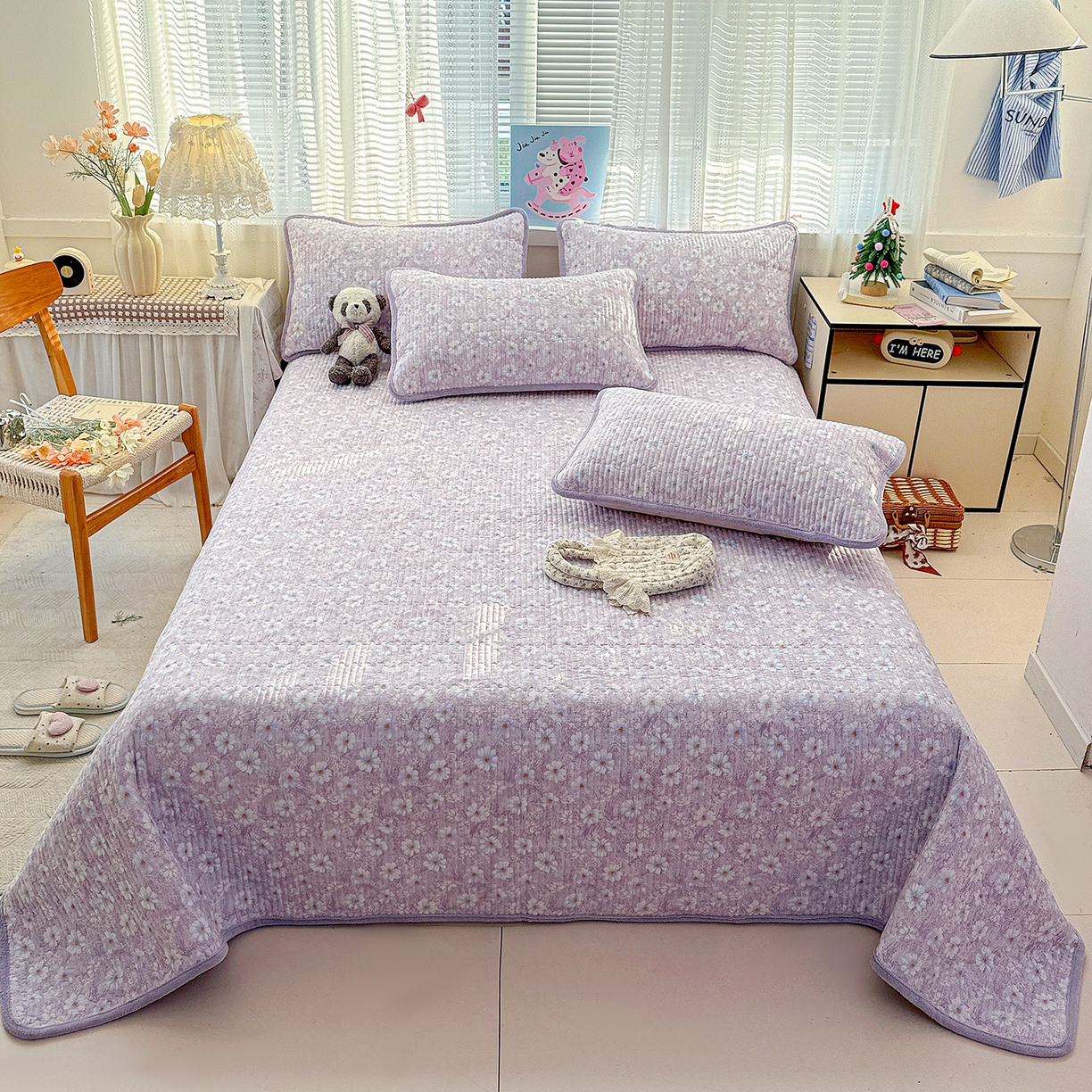 91家纺网 家纺一手货源 找家纺 恒尚居 2026新款A双层纱B牛奶绒床盖双面两用夹棉床单学生床垫床褥子系列二 紫罗花【A双层纱-B牛奶绒】