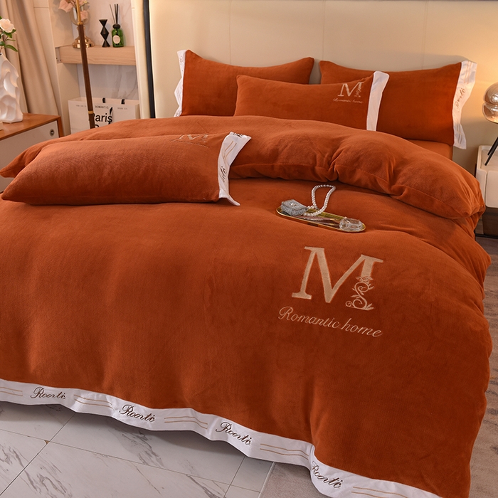 91家纺网 家纺一手货源 找家纺 大米家居 2025新款宽边刺绣牛奶绒四件套-罗曼蒂克系列 罗曼蒂克-奶油橙