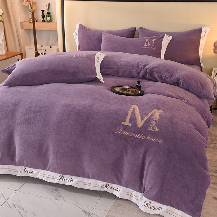 大米家居 2025新款宽边刺绣牛奶绒四件套-罗曼蒂克系列 罗曼蒂克-暮山紫