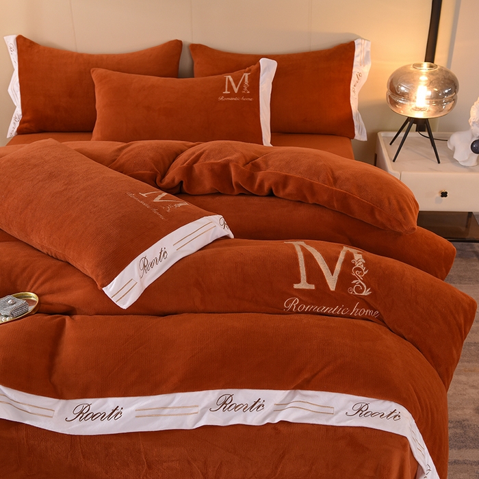 91家纺网 家纺一手货源 找家纺 大米家居 2025新款宽边刺绣牛奶绒四件套-罗曼蒂克系列 罗曼蒂克-奶油橙