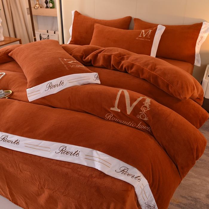 91家纺网 家纺一手货源 找家纺 大米家居 2025新款宽边刺绣牛奶绒四件套-罗曼蒂克系列 罗曼蒂克-奶油橙