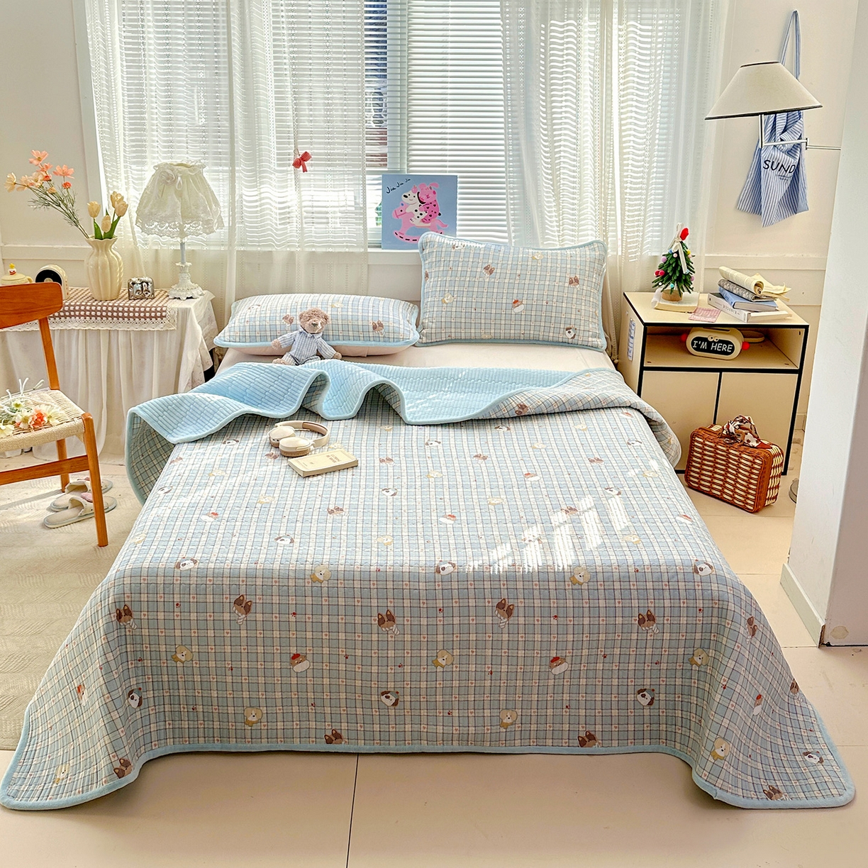 恒尚居 2026新款A双层纱B牛奶绒床盖双面两用夹棉床单学生床垫床褥子 爱心狗【A双层纱-B牛奶绒】