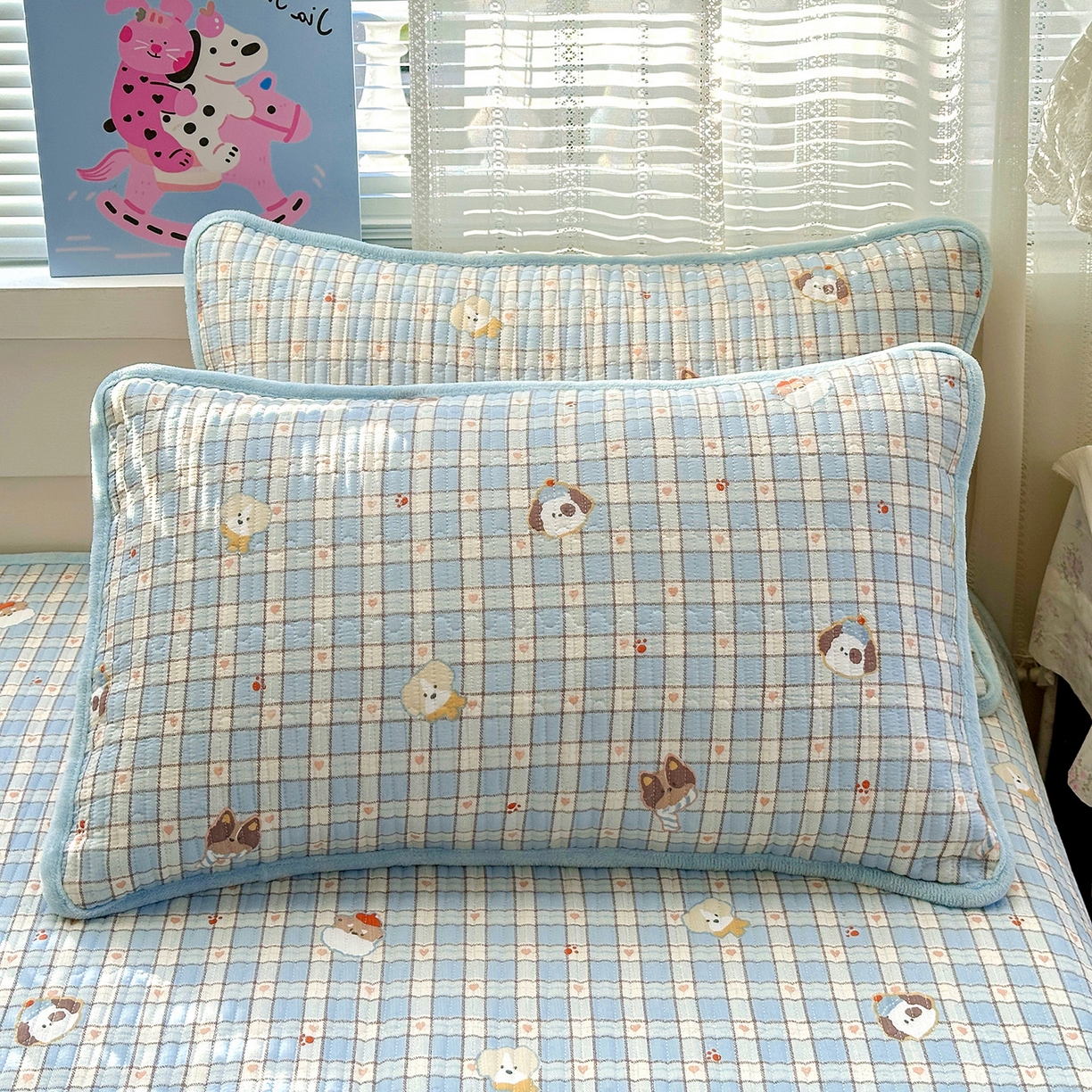 91家纺网 家纺一手货源 找家纺 恒尚居 2026新款A双层纱B牛奶绒床盖双面两用夹棉床单学生床垫床褥子 爱心狗【A双层纱-B牛奶绒】