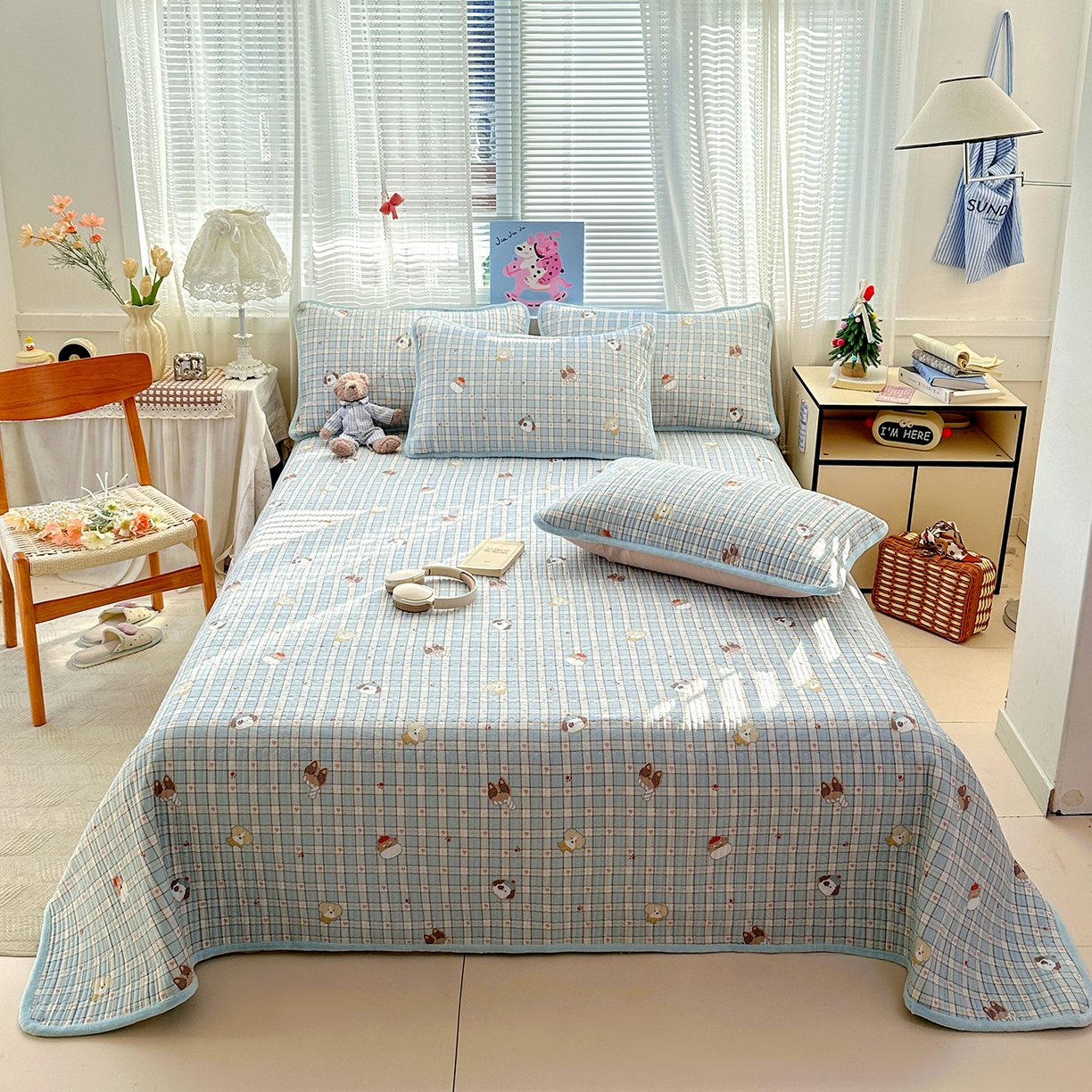 91家纺网 家纺一手货源 找家纺 恒尚居 2026新款A双层纱B牛奶绒床盖双面两用夹棉床单学生床垫床褥子 爱心狗【A双层纱-B牛奶绒】