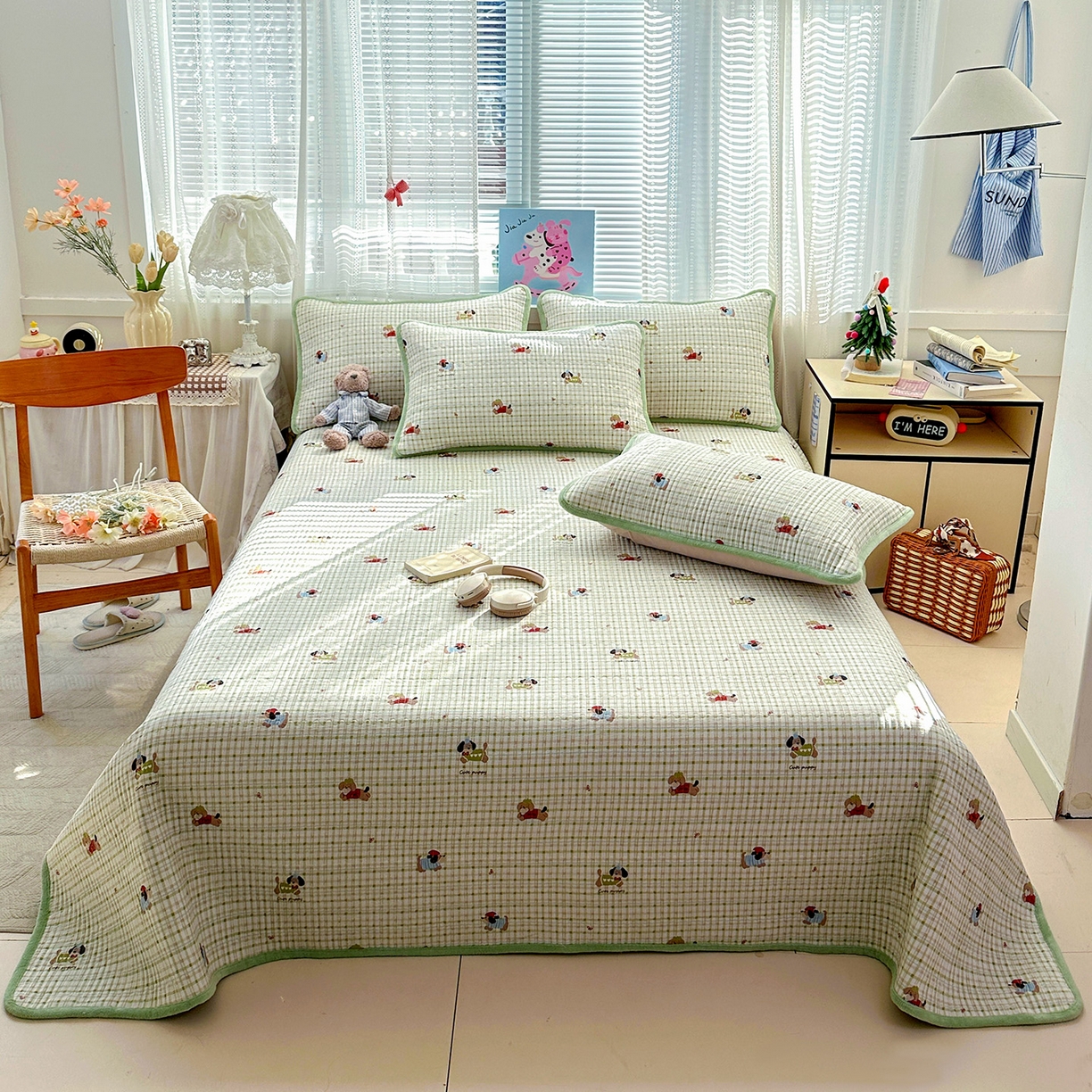 91家纺网 家纺一手货源 找家纺 恒尚居 2026新款A双层纱B牛奶绒床盖双面两用夹棉床单学生床垫床褥子 大笨狗【A双层纱-B牛奶绒】