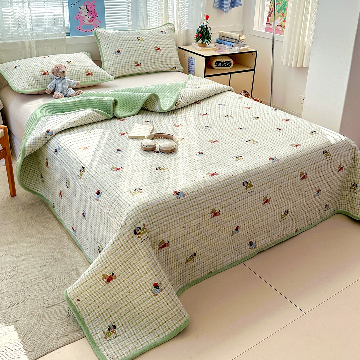 91家纺网 家纺一手货源 找家纺 恒尚居 2026新款A双层纱B牛奶绒床盖双面两用夹棉床单学生床垫床褥子 大笨狗【A双层纱-B牛奶绒】