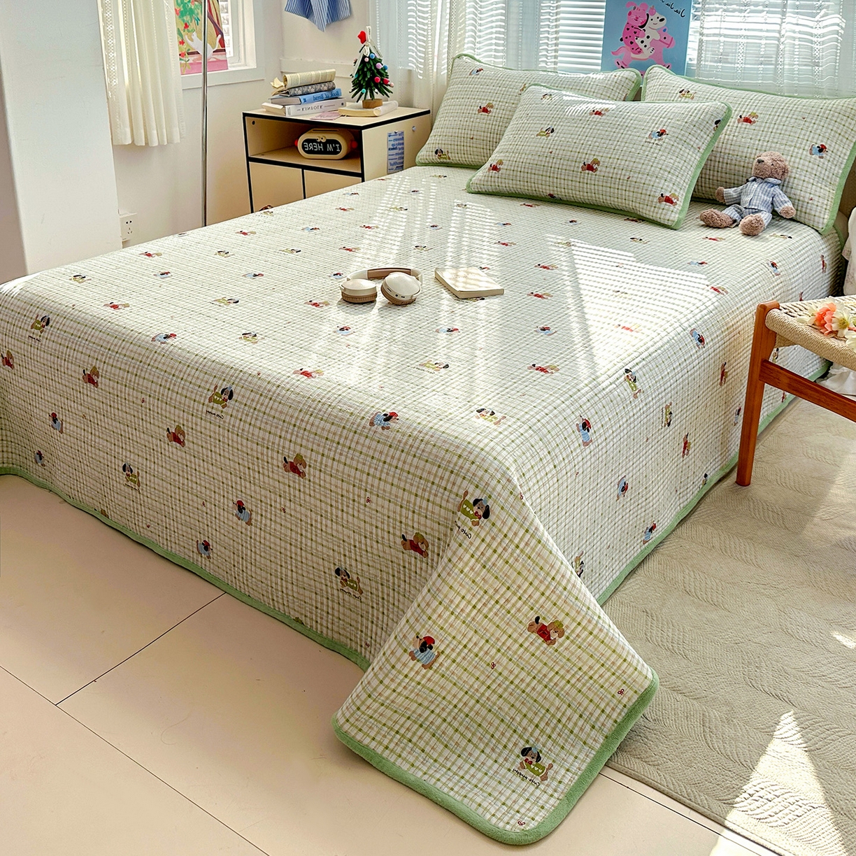 91家纺网 家纺一手货源 找家纺 恒尚居 2026新款A双层纱B牛奶绒床盖双面两用夹棉床单学生床垫床褥子 大笨狗【A双层纱-B牛奶绒】