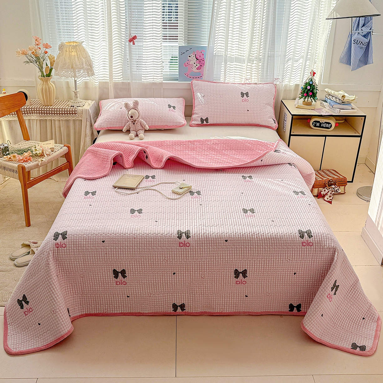 恒尚居 2026新款A双层纱B牛奶绒床盖双面两用夹棉床单学生床垫床褥子 粉格蝴蝶结【A双层纱-B牛奶绒】