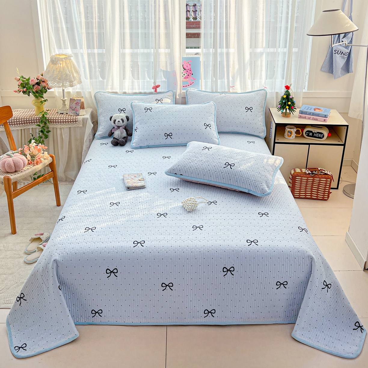 91家纺网 家纺一手货源 找家纺 恒尚居 2026新款A双层纱B牛奶绒床盖双面两用夹棉床单学生床垫床褥子 海盐蝴蝶结【A双层纱-B牛奶绒】