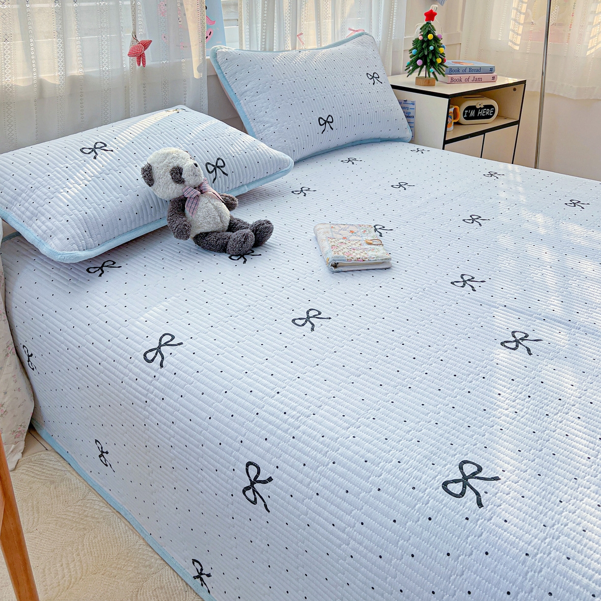 91家纺网 家纺一手货源 找家纺 恒尚居 2026新款A双层纱B牛奶绒床盖双面两用夹棉床单学生床垫床褥子 海盐蝴蝶结【A双层纱-B牛奶绒】