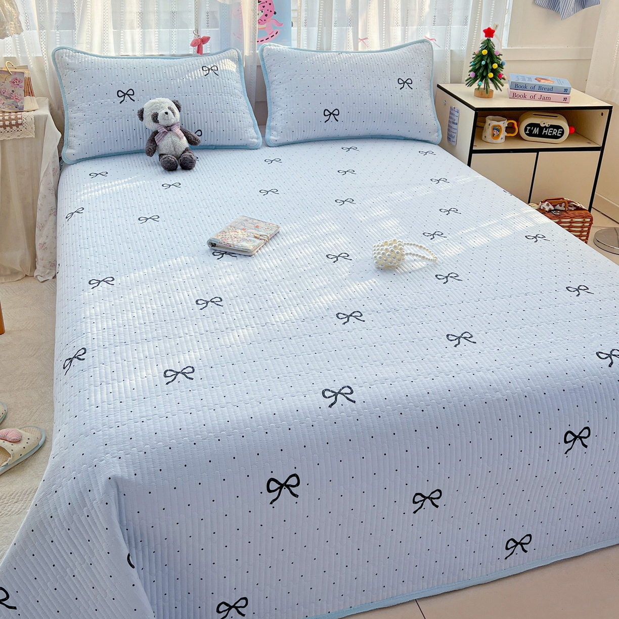 91家纺网 家纺一手货源 找家纺 恒尚居 2026新款A双层纱B牛奶绒床盖双面两用夹棉床单学生床垫床褥子 海盐蝴蝶结【A双层纱-B牛奶绒】