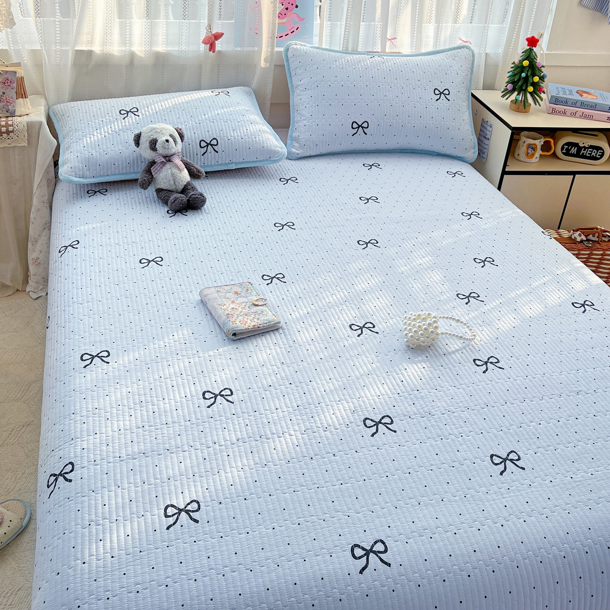 91家纺网 家纺一手货源 找家纺 恒尚居 2026新款A双层纱B牛奶绒床盖双面两用夹棉床单学生床垫床褥子 海盐蝴蝶结【A双层纱-B牛奶绒】