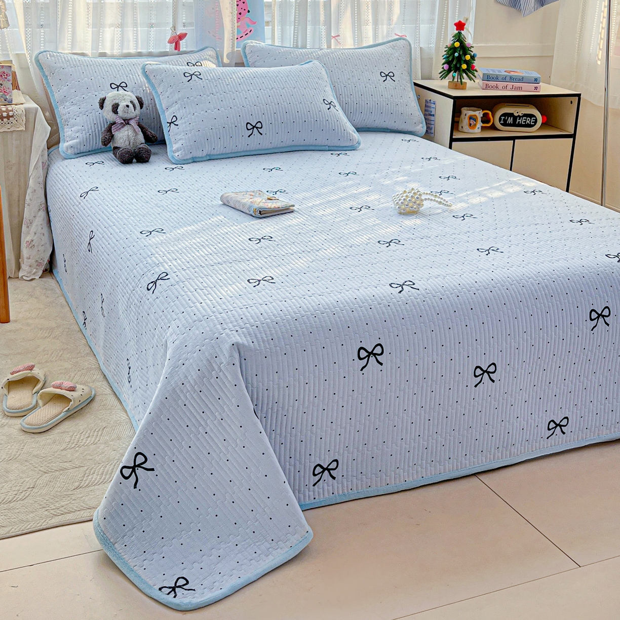 91家纺网 家纺一手货源 找家纺 恒尚居 2026新款A双层纱B牛奶绒床盖双面两用夹棉床单学生床垫床褥子 海盐蝴蝶结【A双层纱-B牛奶绒】