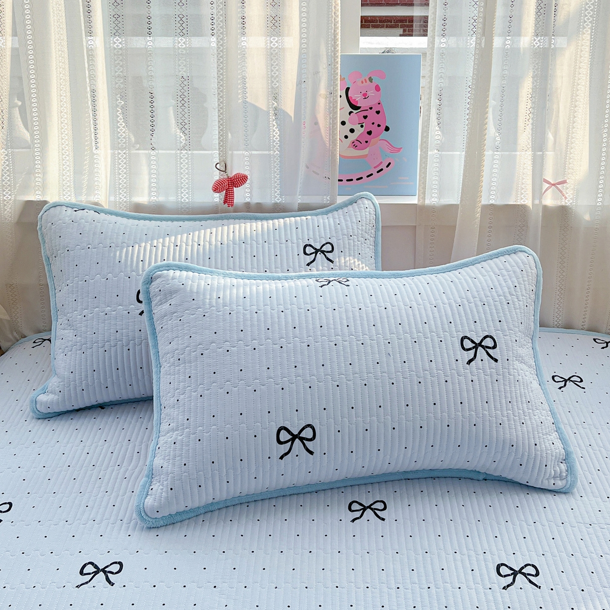 91家纺网 家纺一手货源 找家纺 恒尚居 2026新款A双层纱B牛奶绒床盖双面两用夹棉床单学生床垫床褥子 海盐蝴蝶结【A双层纱-B牛奶绒】