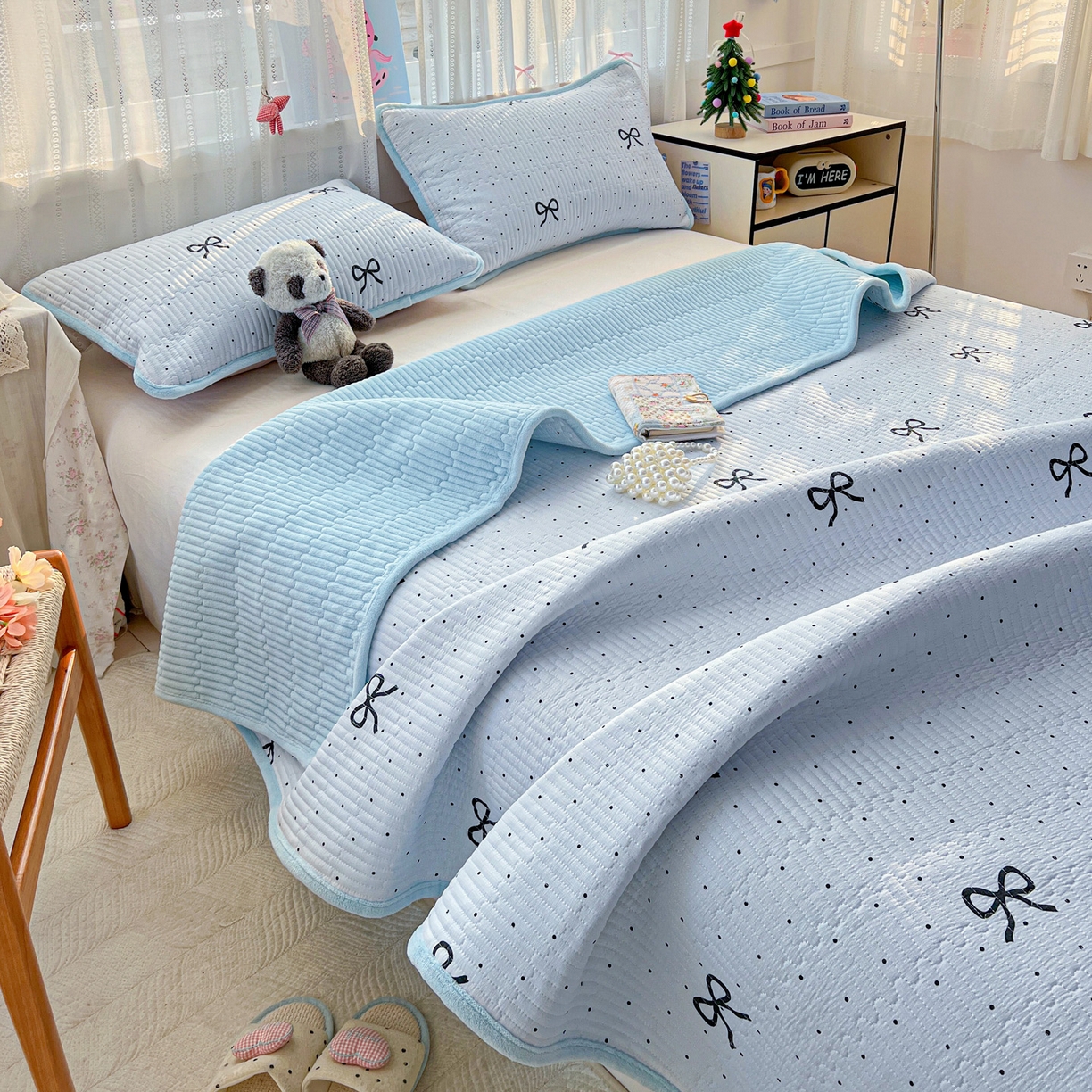 91家纺网 家纺一手货源 找家纺 恒尚居 2026新款A双层纱B牛奶绒床盖双面两用夹棉床单学生床垫床褥子 海盐蝴蝶结【A双层纱-B牛奶绒】