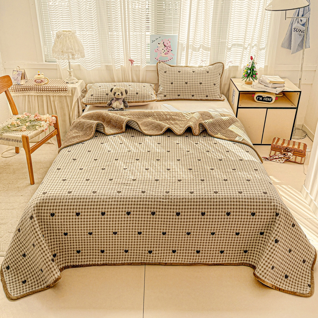 恒尚居 2026新款A双层纱B牛奶绒床盖双面两用夹棉床单学生床垫床褥子 焦糖爱心【A双层纱-B牛奶绒】