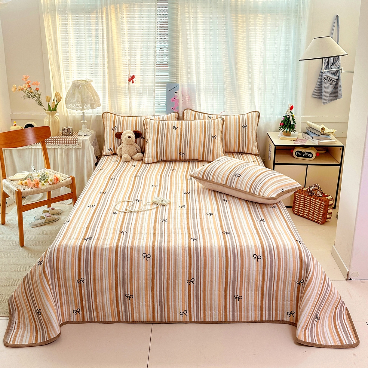 91家纺网 家纺一手货源 找家纺 恒尚居 2026新款A双层纱B牛奶绒床盖双面两用夹棉床单学生床垫床褥子 卡其蝴蝶结【A双层纱-B牛奶绒】