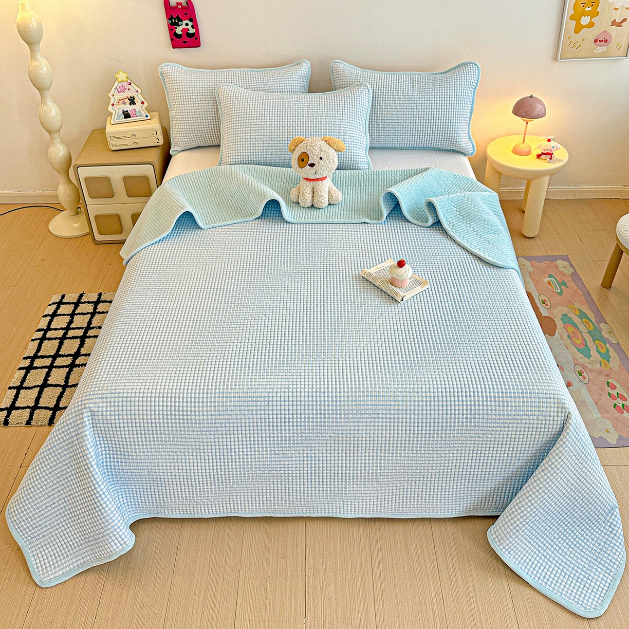 恒尚居 2026新款A双层纱B牛奶绒床盖双面两用夹棉床单学生床垫床褥子 天蓝格【A双层纱-B牛奶绒】
