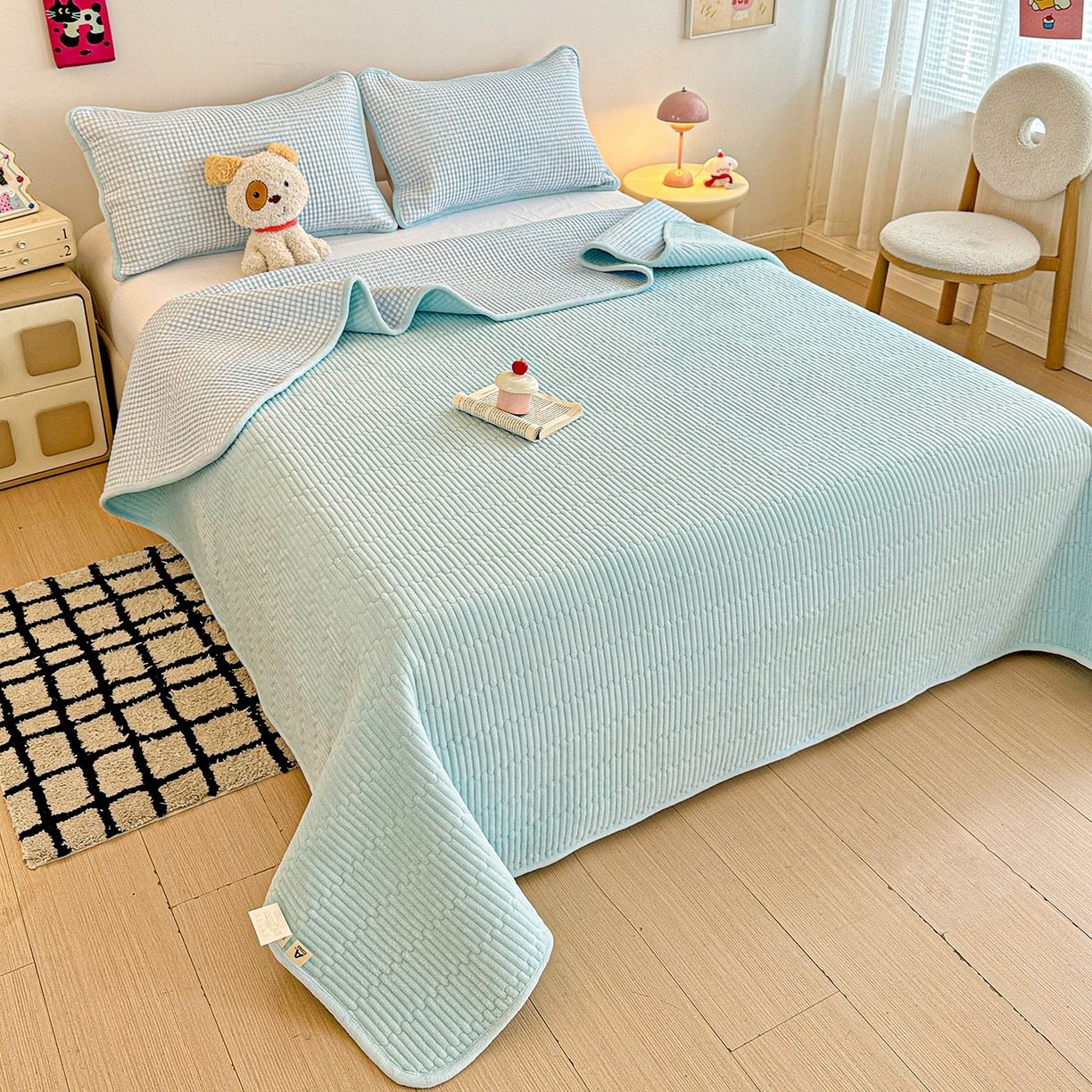 91家纺网 家纺一手货源 找家纺 恒尚居 2026新款A双层纱B牛奶绒床盖双面两用夹棉床单学生床垫床褥子 天蓝格【A双层纱-B牛奶绒】