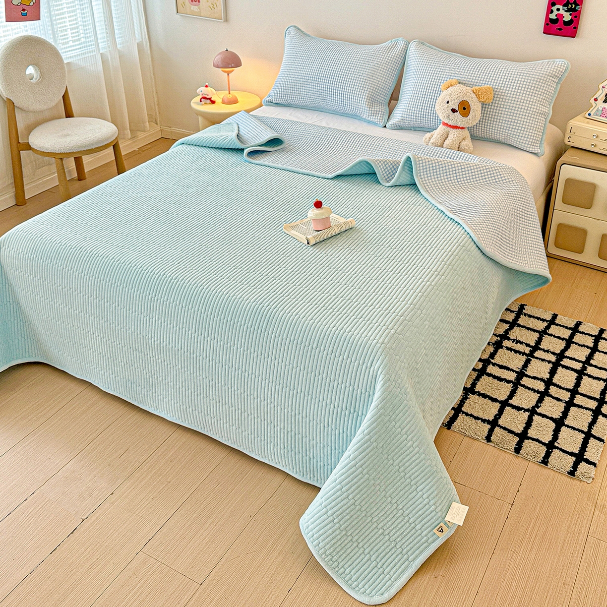 91家纺网 家纺一手货源 找家纺 恒尚居 2026新款A双层纱B牛奶绒床盖双面两用夹棉床单学生床垫床褥子 天蓝格【A双层纱-B牛奶绒】