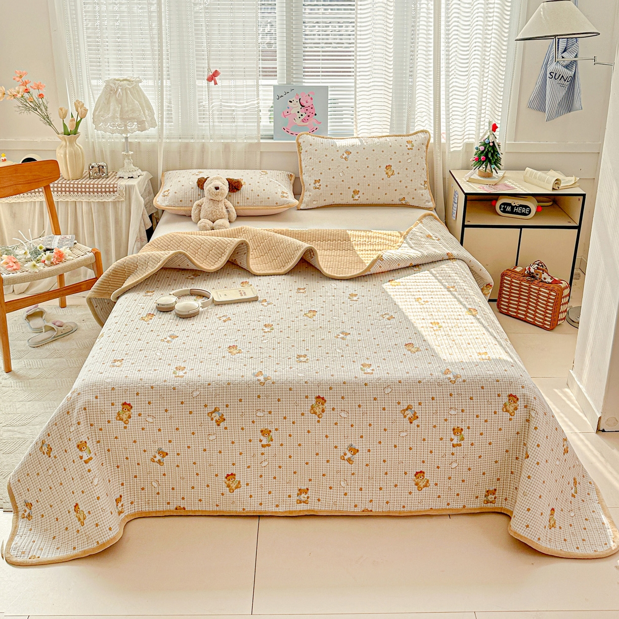 恒尚居 2026新款A双层纱B牛奶绒床盖双面两用夹棉床单学生床垫床褥子 晚安小熊【A双层纱-B牛奶绒】