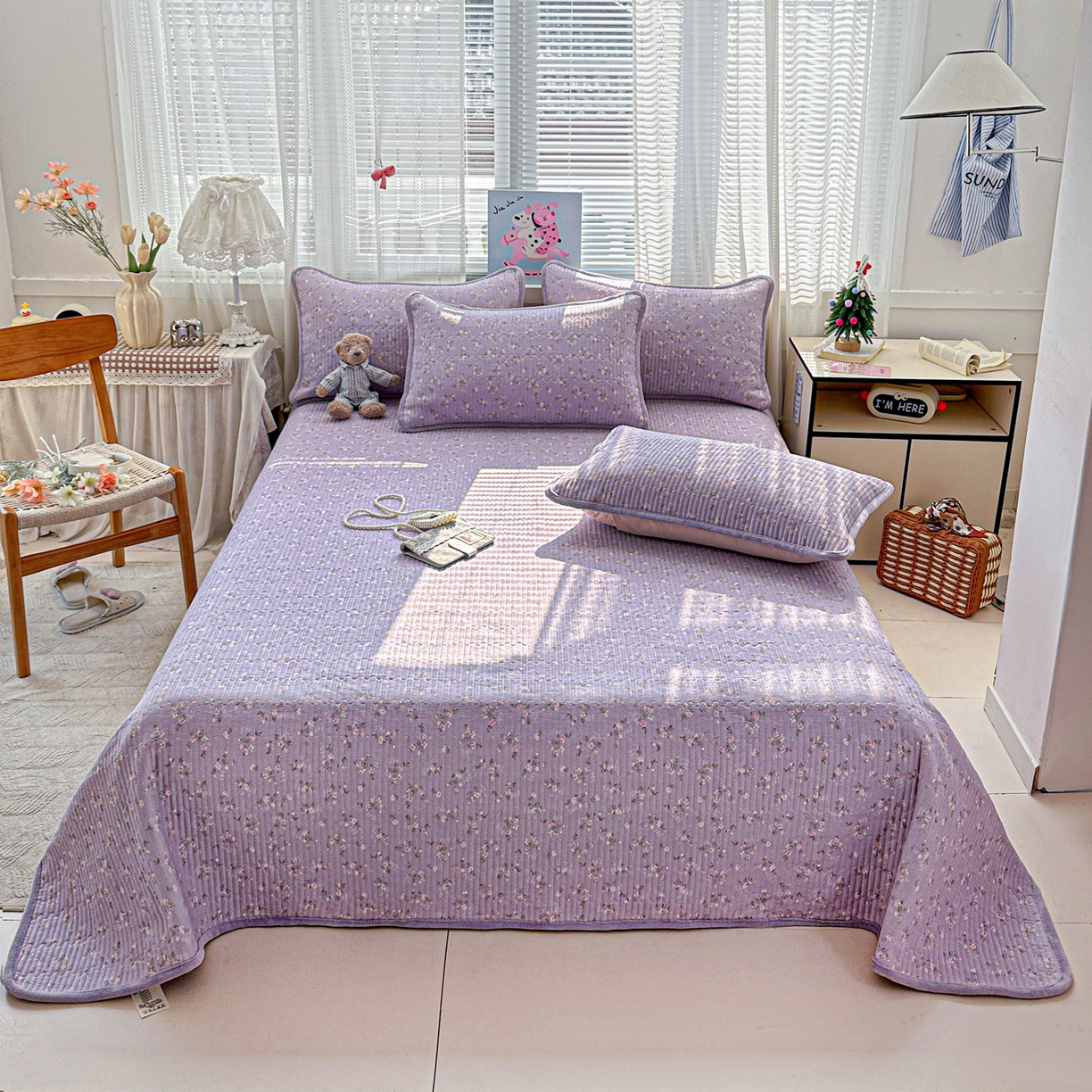 91家纺网 家纺一手货源 找家纺 恒尚居 2026新款A双层纱B牛奶绒床盖双面两用夹棉床单学生床垫床褥子 紫色印象【A双层纱-B牛奶绒】