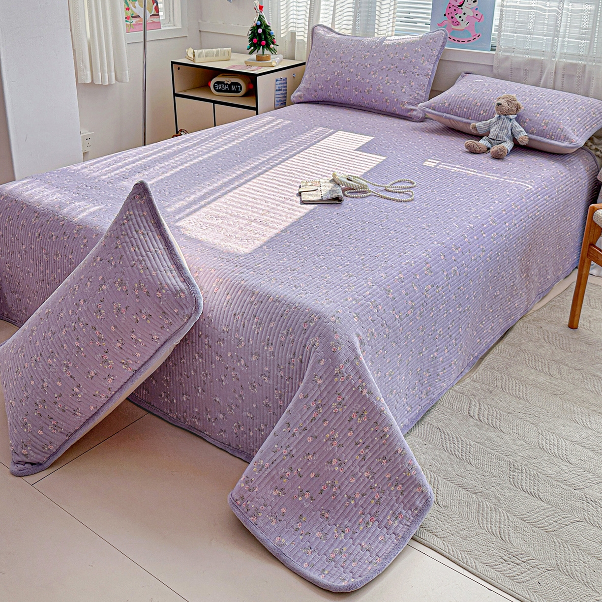 91家纺网 家纺一手货源 找家纺 恒尚居 2026新款A双层纱B牛奶绒床盖双面两用夹棉床单学生床垫床褥子 紫色印象【A双层纱-B牛奶绒】