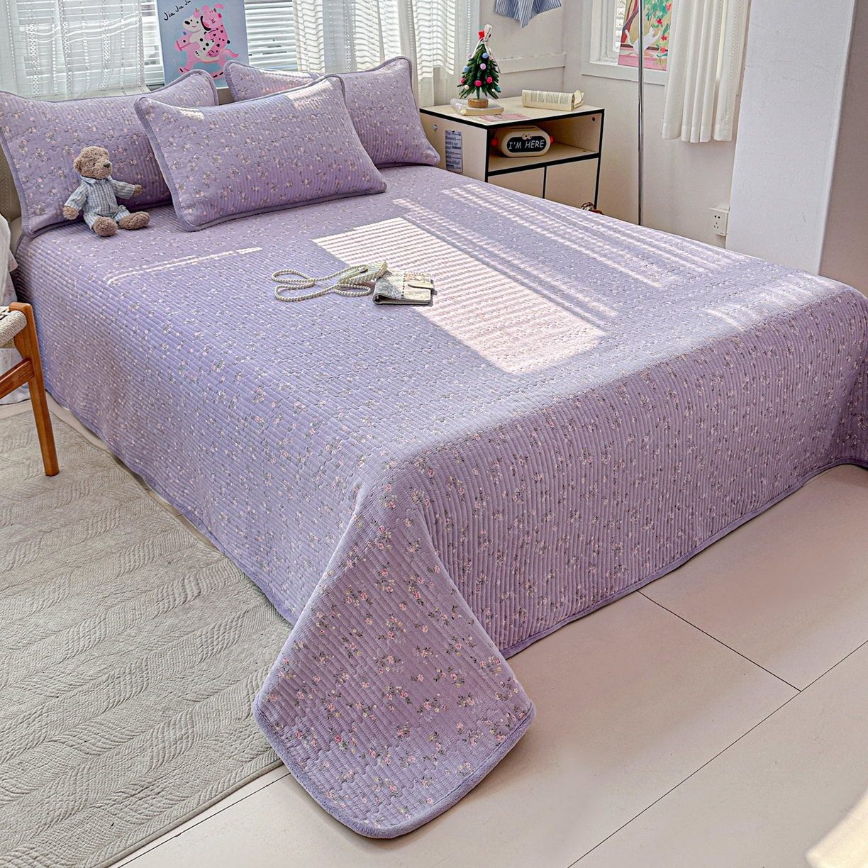 91家纺网 家纺一手货源 找家纺 恒尚居 2026新款A双层纱B牛奶绒床盖双面两用夹棉床单学生床垫床褥子 紫色印象【A双层纱-B牛奶绒】