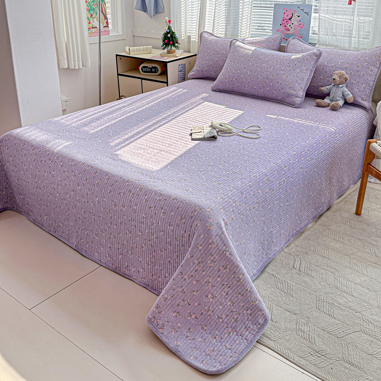 91家纺网 家纺一手货源 找家纺 恒尚居 2026新款A双层纱B牛奶绒床盖双面两用夹棉床单学生床垫床褥子 紫色印象【A双层纱-B牛奶绒】