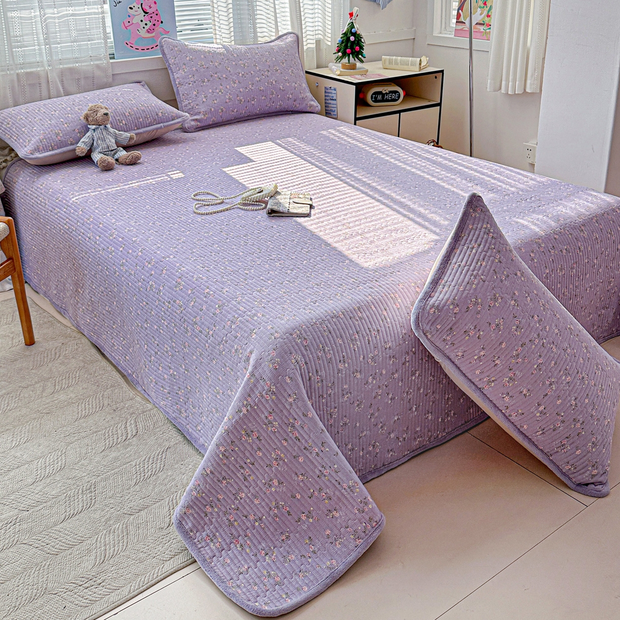 91家纺网 家纺一手货源 找家纺 恒尚居 2026新款A双层纱B牛奶绒床盖双面两用夹棉床单学生床垫床褥子 紫色印象【A双层纱-B牛奶绒】