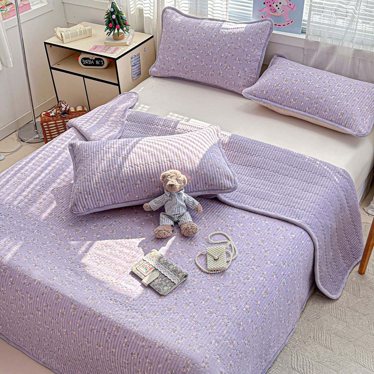 91家纺网 家纺一手货源 找家纺 恒尚居 2026新款A双层纱B牛奶绒床盖双面两用夹棉床单学生床垫床褥子 紫色印象【A双层纱-B牛奶绒】