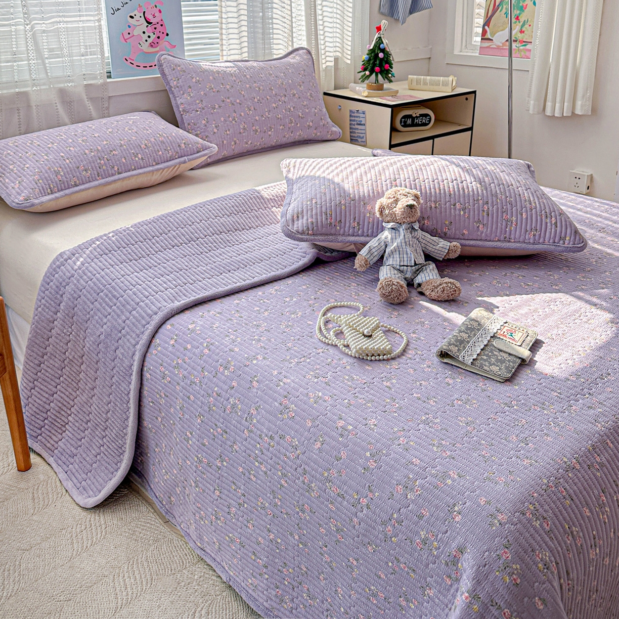 91家纺网 家纺一手货源 找家纺 恒尚居 2026新款A双层纱B牛奶绒床盖双面两用夹棉床单学生床垫床褥子 紫色印象【A双层纱-B牛奶绒】