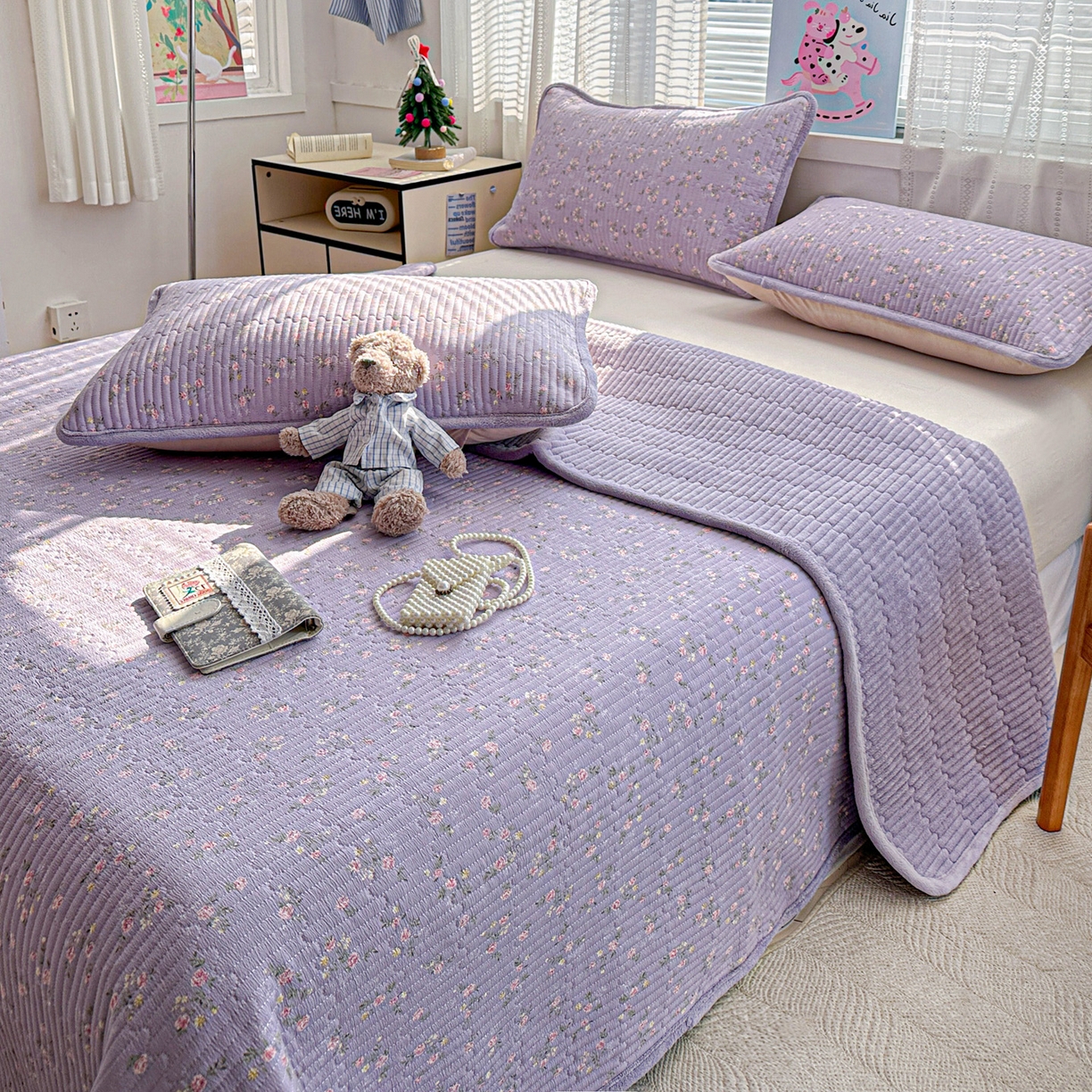 91家纺网 家纺一手货源 找家纺 恒尚居 2026新款A双层纱B牛奶绒床盖双面两用夹棉床单学生床垫床褥子 紫色印象【A双层纱-B牛奶绒】