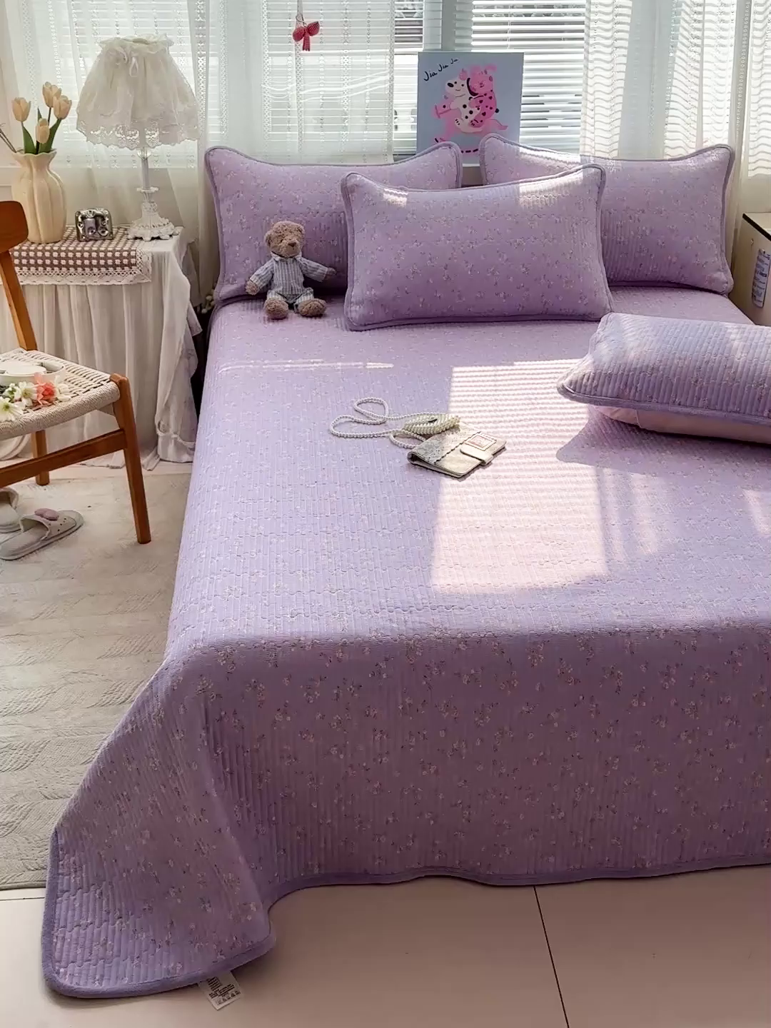 91家纺网 家纺一手货源 找家纺 恒尚居 2026新款A双层纱B牛奶绒床盖双面两用夹棉床单学生床垫床褥子 紫色印象【A双层纱-B牛奶绒】