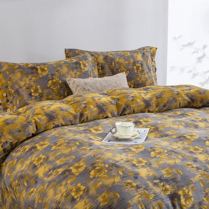 91家纺网 家纺一手货源 找家纺 （总）仰望棉麻双层纱供应链 2025新款全棉色织提花双层纱四件套-花韵影纽扣款