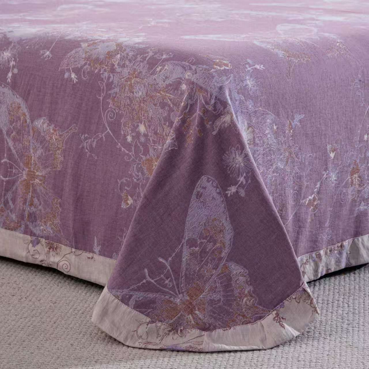 91家纺网 家纺一手货源 找家纺 （总）仰望棉麻双层纱供应链 2025新款全棉色织提花四件套-蝶舞纽扣款