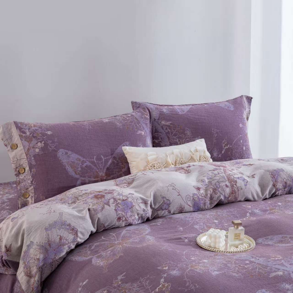 91家纺网 家纺一手货源 找家纺 （总）仰望棉麻双层纱供应链 2025新款全棉色织提花四件套-蝶舞纽扣款