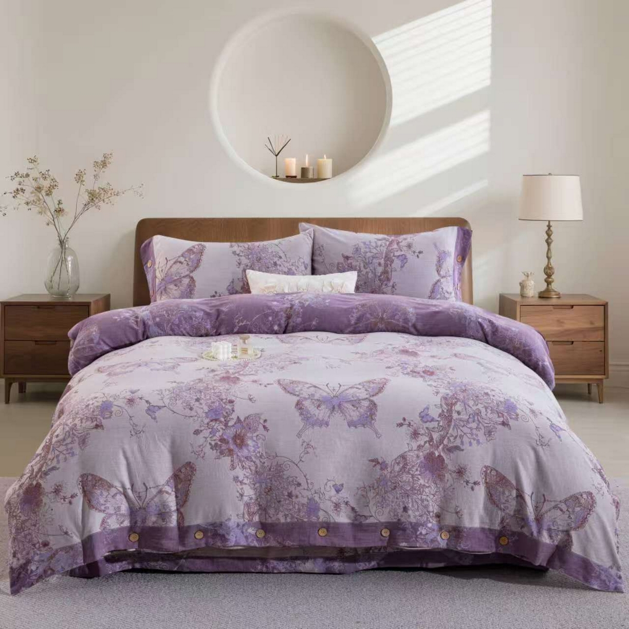 仰望棉麻双层纱供应链 2025新款全棉色织提花四件套-蝶舞纽扣款 蝶舞-灰