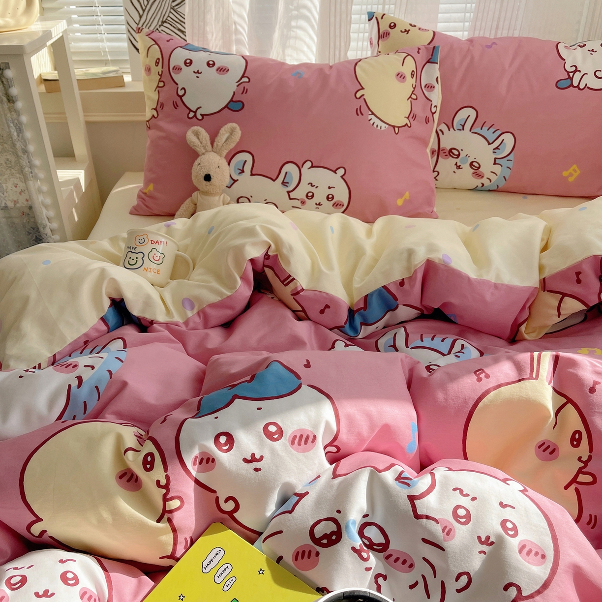 91家纺网 家纺一手货源 找家纺 耀悦家纺 2026新款正版授权吉伊卡哇全棉纯棉四件套单被套枕套 捣蛋莫莫咖